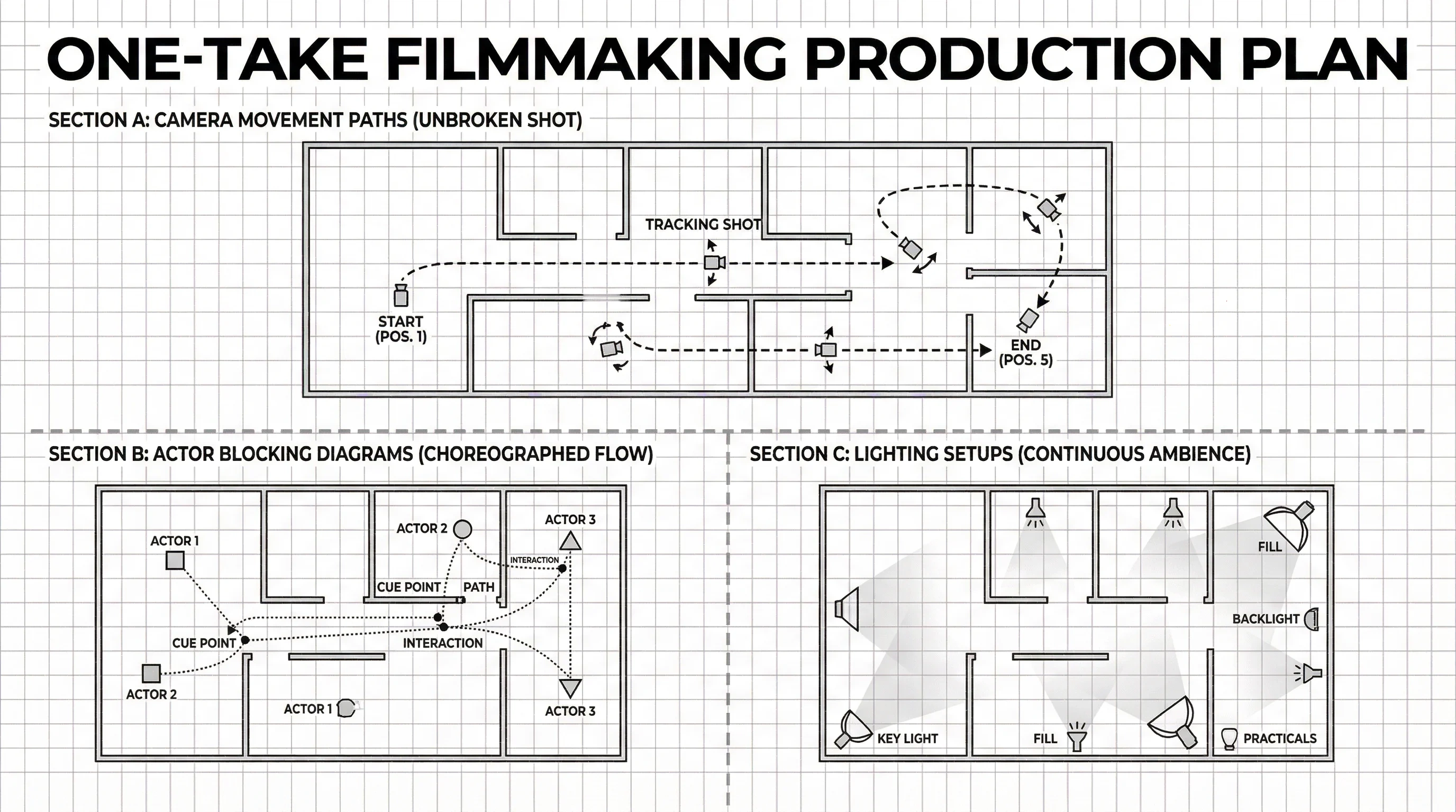 一镜到底拍摄镜头轨迹图 - 展示摄影机运动路径、演员走位和灯光布置